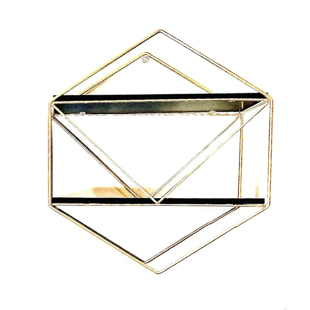 Diamond Hexagon Shaped Brass Floating Wall Shelf